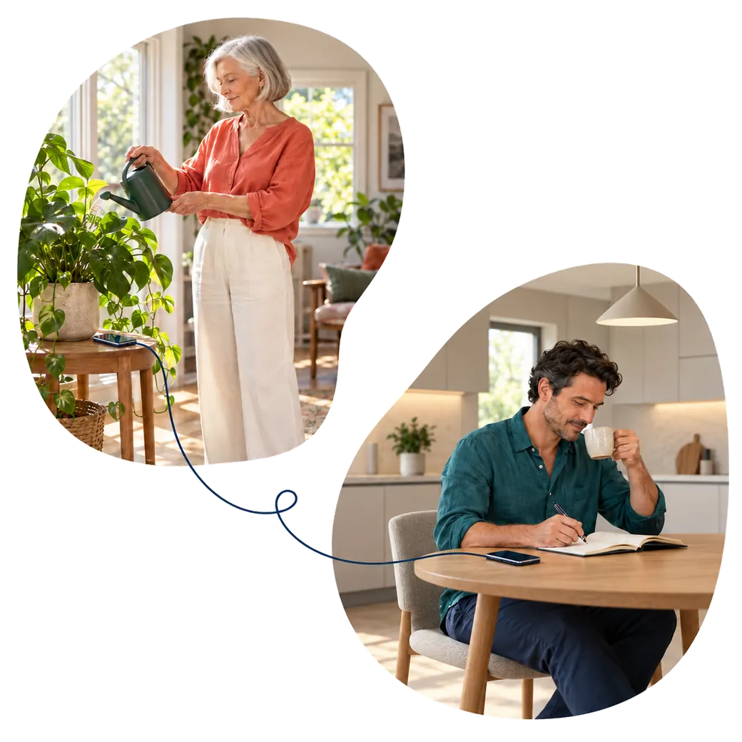 An older woman tending plants and an adult man enjoying a quiet moment in their separate homes
