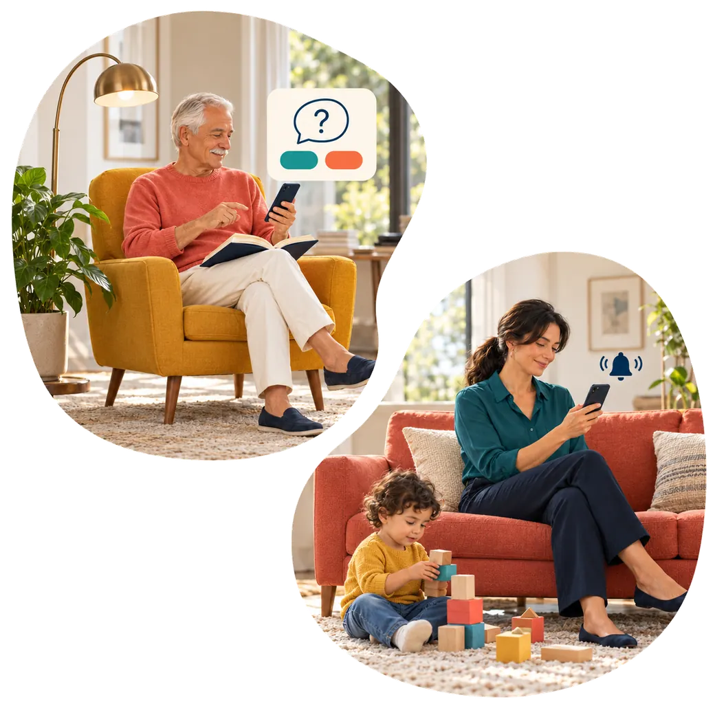 A father pausing his reading for a check-in while his daughter uses her phone at home beside her playing child