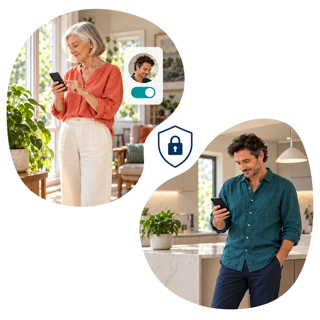 An older woman choosing who can receive her updates, with her son in a separate home and a privacy symbol between them